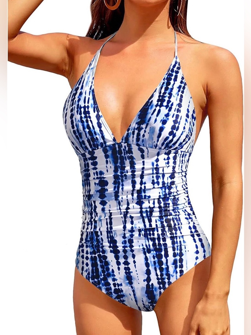 Blue Tie-Dye One-Piece Swimsuit - V-Neck Halter